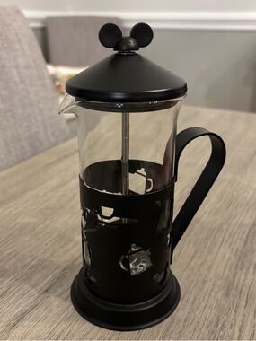 Disney Mickey Mouse Coffee French Press All Metal & Glass w/ Cutouts 8” Tall EUC